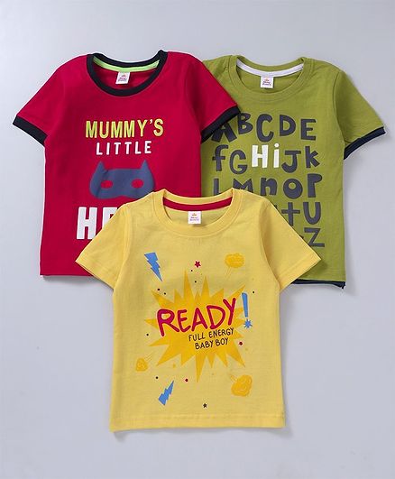 Mini Donuts Half Sleeves Tees Text Print Pack of 3 - Red Green Yellow