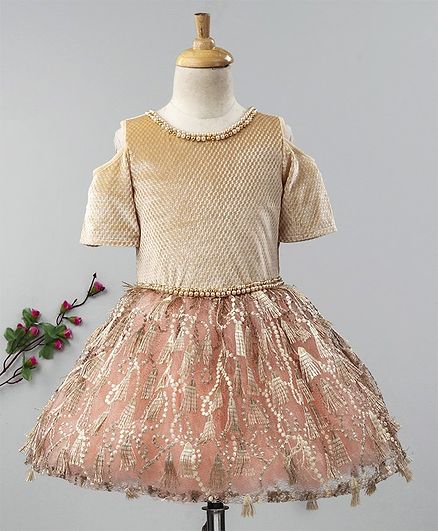 Enfance Tassels Embroidered Half Sleeves Dress - Beige