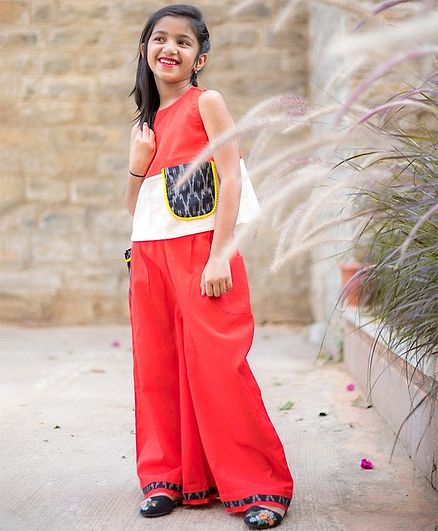 Tutus by Tutu Color Block & Ikat Print Sleeveless Kurti & Palazzo Set - Red & Beige