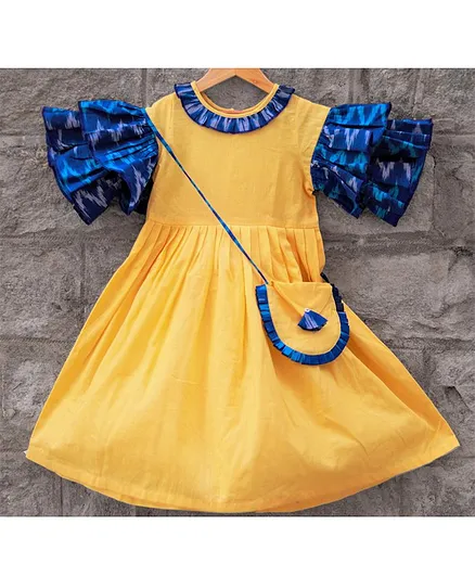 Tutus by Tutu Printed Half Sleeves Dress With Sling Bag - Yellow & Blue