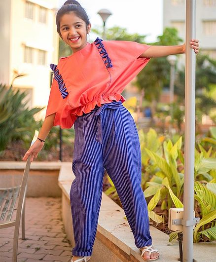 Tutus by Tutu Three Fourth Sleeves Top & Striped Trouser Set - Pink & Navy Blue