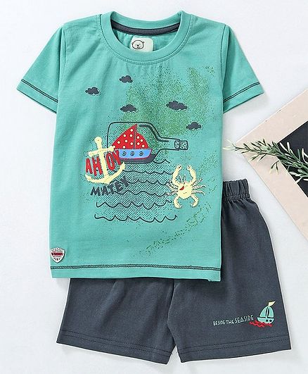 Olio Kids Half Sleeves Tee & Shorts Ocean Print - Green