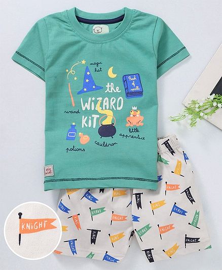 Olio Kids Half Sleeves Tee & Shorts Magic Print - Green White