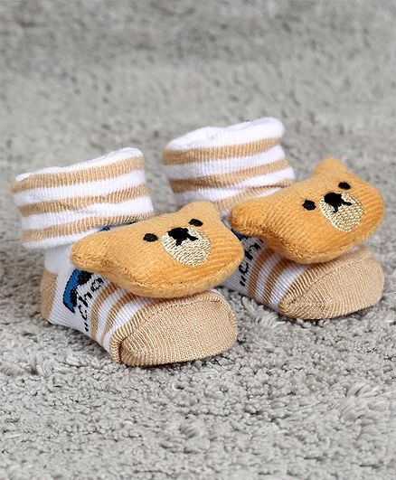 Cute Walk by Babyhug Ankle Length Sock Shoes Bear Motif - Peach