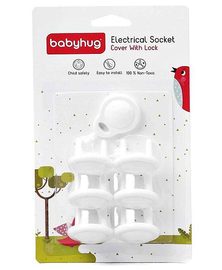 Babyhug 2 Pin Plug Protector Set Of 6 With Locking Key - White