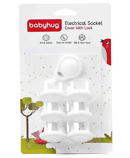 Babyhug 2 Pin Plug Protector Set Of 6 With Locking Key - White