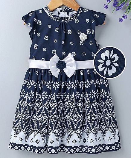 Enfance Core Flower Printed Cap Sleeves Dress - Blue