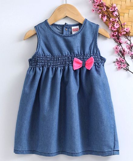 Babyhug Sleeveless Denim Frock With Bow Applique - Blue