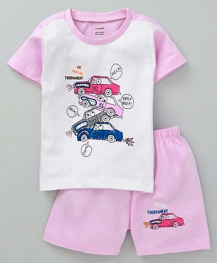 Cucumber Half Sleeves Tee With Shorts Car Tournament Print - Light Pink