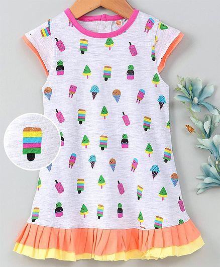Dew Drops Cap Sleeves Frock Ice Cream Print - Grey