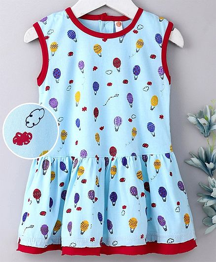 Dew Drops Sleeveless Frock Hot Air Balloon Print - Blue