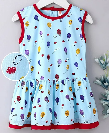 Dew Drops Sleeveless Frock Hot Air Balloon Print - Blue
