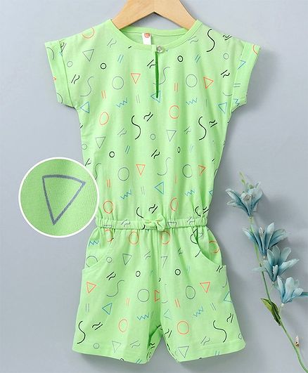 Dew Drops Short Sleeves Romper Geometric Shapes Print - Green