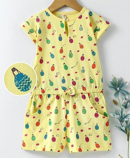 Dew Drops Short Sleeves Romper Hot Air Balloon Print - Yellow