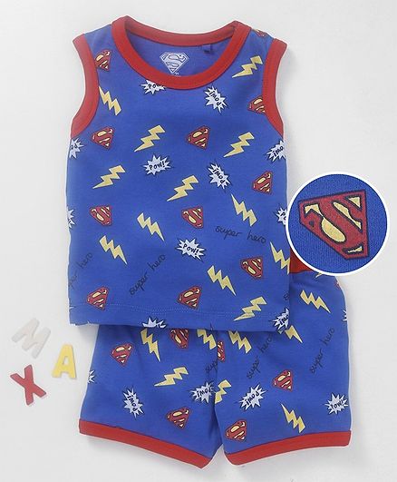 Mom's Love Sleeveless Night Suit Superman Logo Print - Blue
