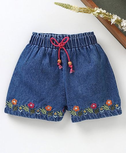 Babyhug Mid Thigh Embroidered Shorts - Light Blue