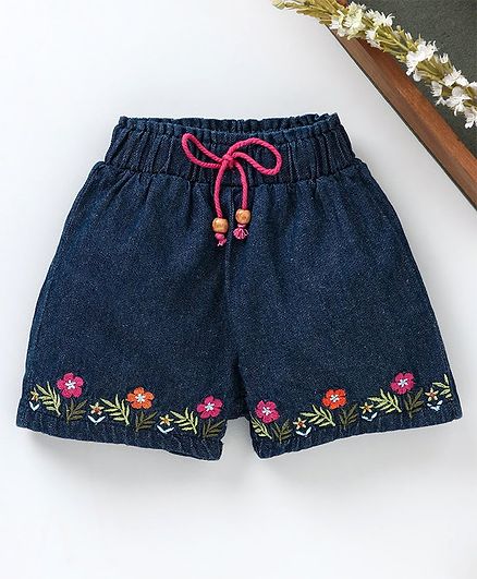 Babyhug Mid Thigh Embroidered Shorts - Dark Blue