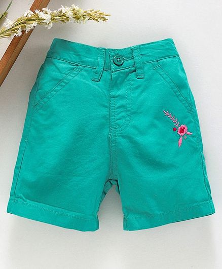 Babyhug Mid Thigh Length Solid Shorts Floral Embroidery - Sea Green