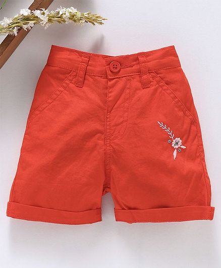 Babyhug Mid Thigh Length Solid Shorts Floral Embroidery - Coral