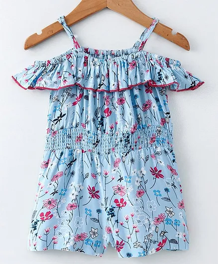 Nauti Nati Flower Print Short Sleeves Jumpsuit - Blue