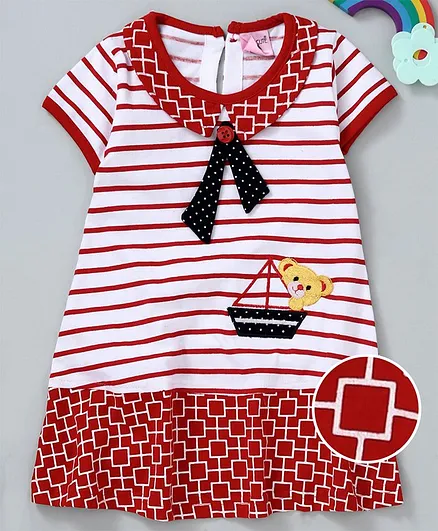 U R Cute Anchor & Bear Embroidery Half Sleeves Dress - Red