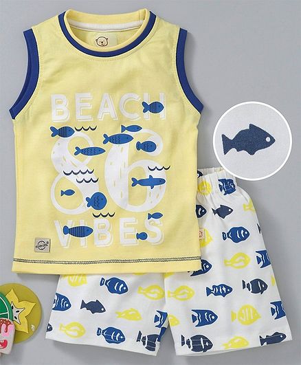 Olio Kids Sleeveless Tee And Shorts Beach Vibes Print - White Yellow