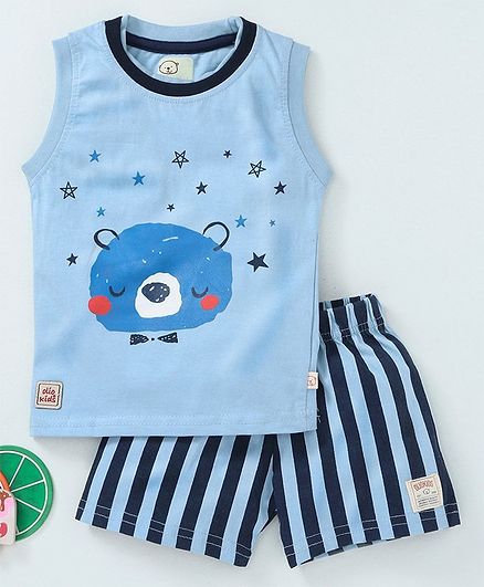 Olio Kids Sleeveless Tee And Stripe Shorts Bear Print - Blue