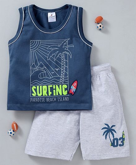 Ollypop Sleeveless Tee & Shorts Set Surfing Print - Steel Blue Grey
