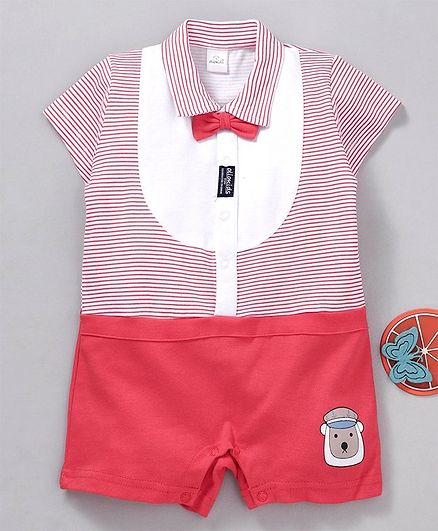 Olio Kids Half Sleeves Stripe Romper Bow Applique - White Red
