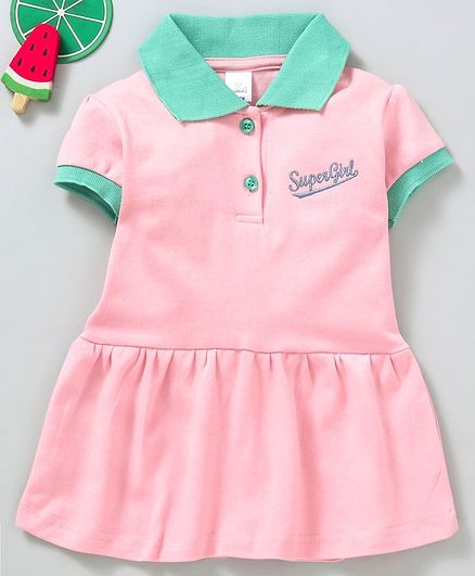 Olio Kids Short Sleeves Frock Super Girl Embroidery - Pink