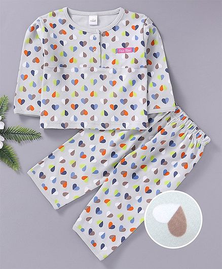 Olio Kids Full Sleeves Night Suit Heart Print - Light Grey