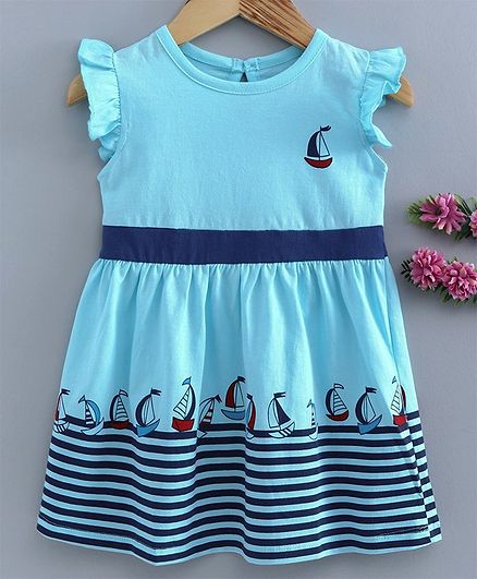 Babyhug Short Sleeves Frock Ship Print - Blue