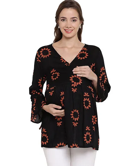 Mine4Nine Flower Printed Full Sleeves Top - Black