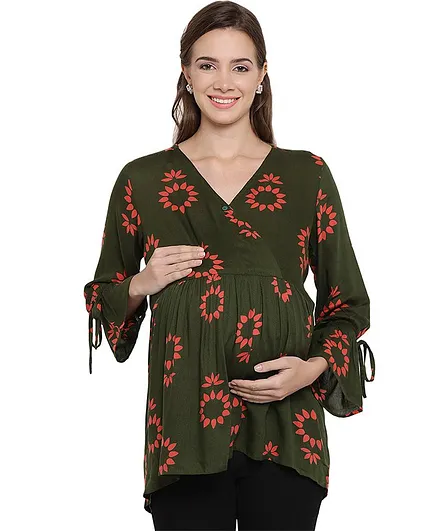 Mine4Nine Flower Printed Full Sleeves Top - Green