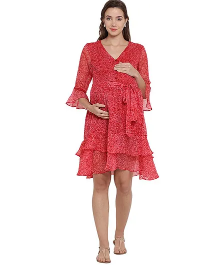 Mine4Nine Flower Printed Three Fourth Sleeves Dress - Red