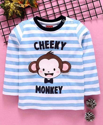Babyhug Full Sleeves Stripe Tee Monkey Print - Blue White