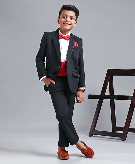 Babyhug 4 Piece Full Sleeves Tuxedo Set With Bow & Pocket Square - Black