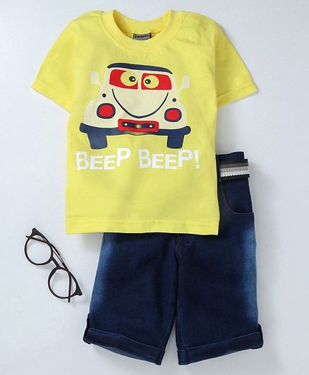 Rikidoos Half Sleeves Car Printed Tee With Shorts & Belt - Yellow