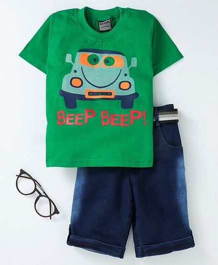Rikidoos Half Sleeves Car Printed Tee With Shorts & Belt - Green