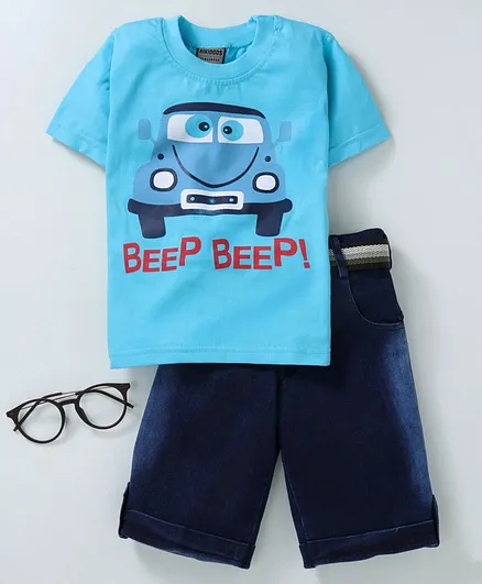 Rikidoos Half Sleeves Car Printed Tee With Shorts & Belt - Blue