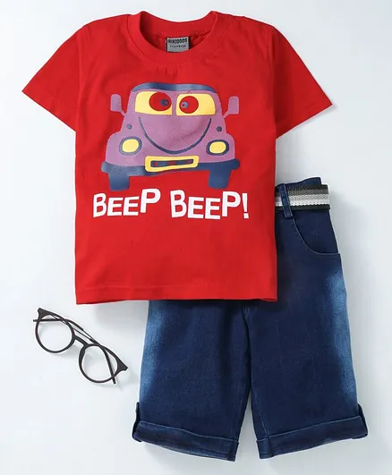 Rikidoos Half Sleeves Car Printed Tee With Shorts & Belt - Red