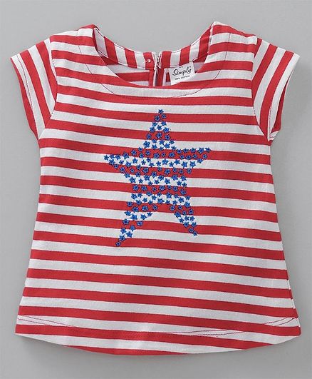 Simply Short Sleeves Striped Top Star Print - White Red