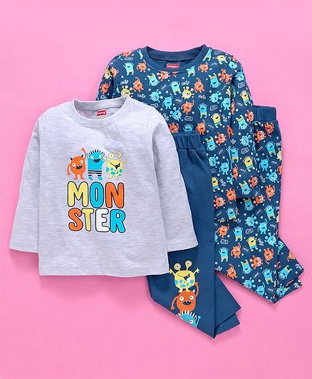Babyhug Full Sleeves Night Suit Combo Set of 2 - Grey Blue