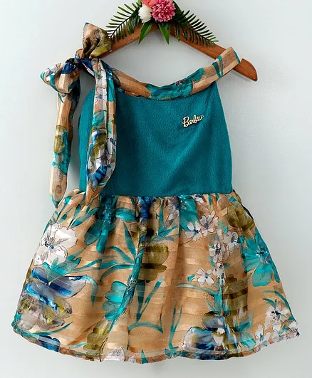 Barbie By Many Frocks & Flower Print Sleeveless Dress - Green