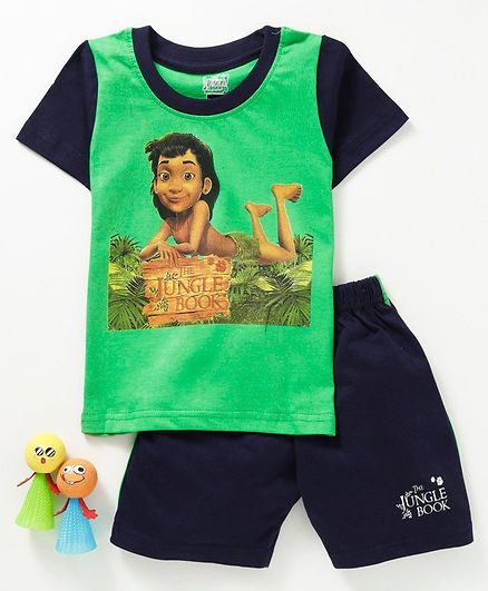 Eteenz Half Sleeves Tee & Shorts Set Mowgli Print - Green Blue