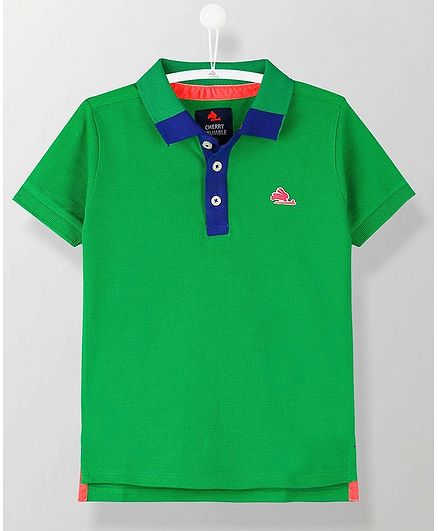 Cherry Crumble by Nitt Hyman Half Sleeves Contrast Placket Polo Neck Tee - Green