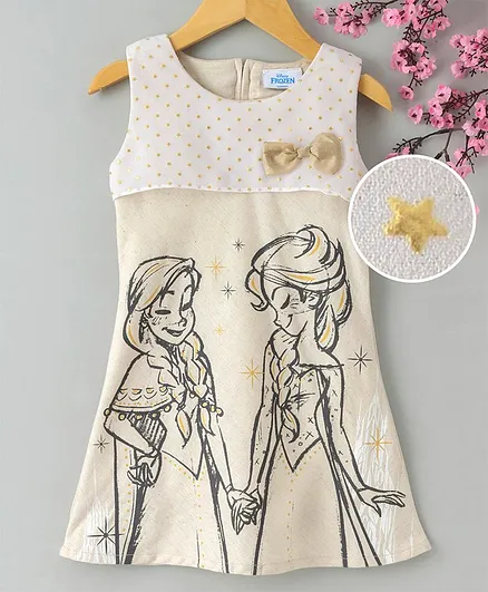 Peppermint Sleeveless Elsa & Anna Print Dress - Beige