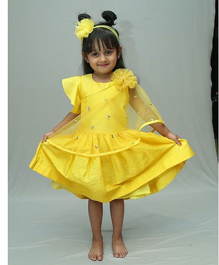 Kirti Agarwal Pret N Couture Varsha Showering Trends Flower Design Three Fourth Sleeves Dress - Yellow