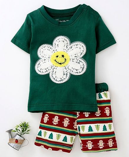 Earth Conscious Flower Embriodered Half Sleeves T-Shirt & Shorts Set - Green & Red