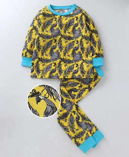 Ventra Full Sleeves Peacock Feather Print Night Suit - Yellow